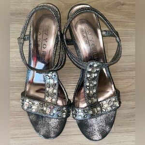 New York Transit Wedge Heels 8M Strappy Sandals Metallic Rhinestones Slip On